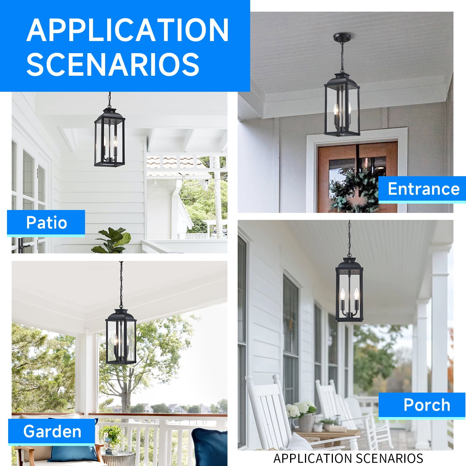Large Outdoor Pendant Light 2-Light, 15.8" Dusk to Dawn Exterior Hanging Lights Fixture with Clear Glass, Modern Black Outdoor Chandelier for Gazebo Porch Patio Front Door
