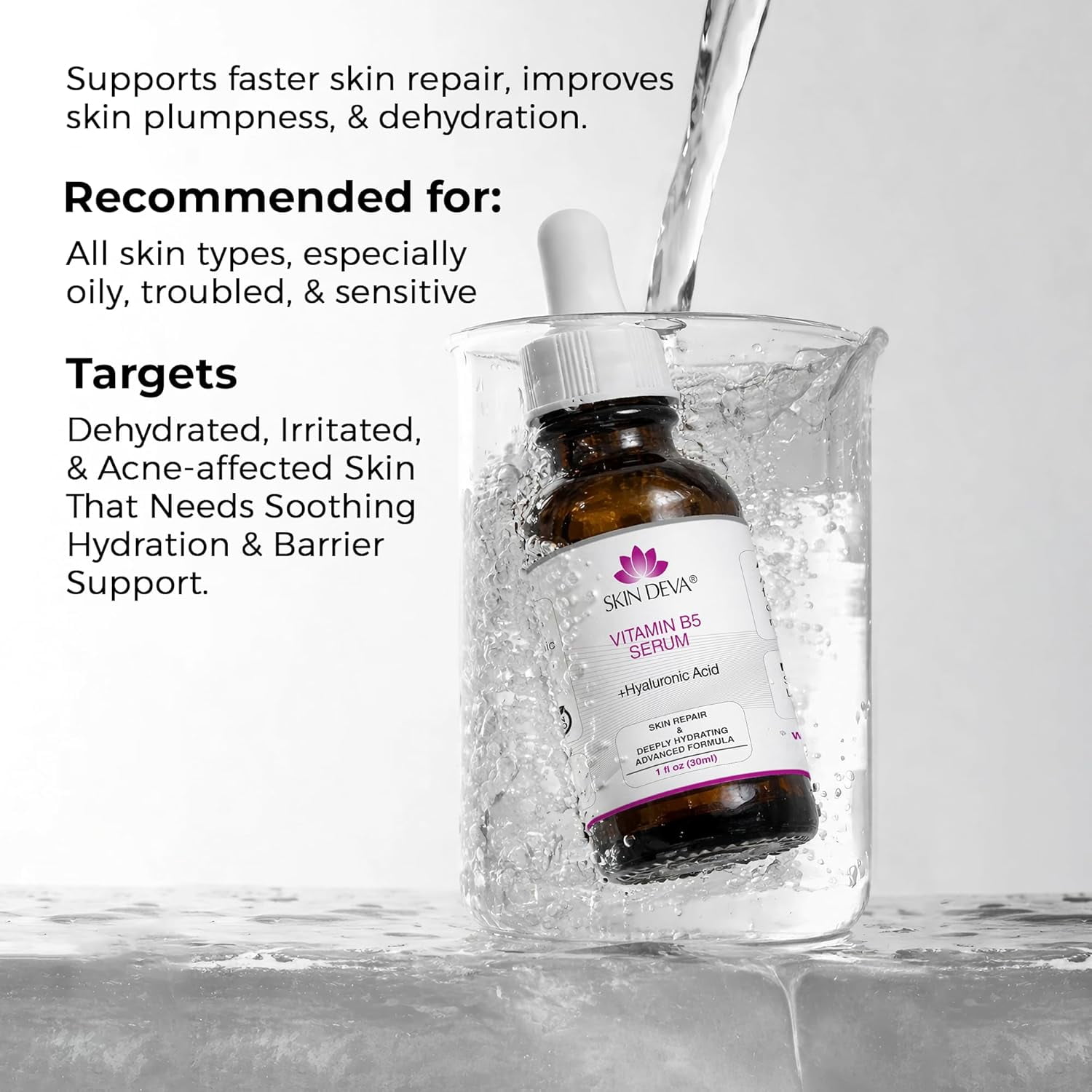 Skin Deva Vitamin B5 & Hyaluronic Acid Serum for Deep Hydration, Moisture Barrier Support & Smooth Skin, 1 oz