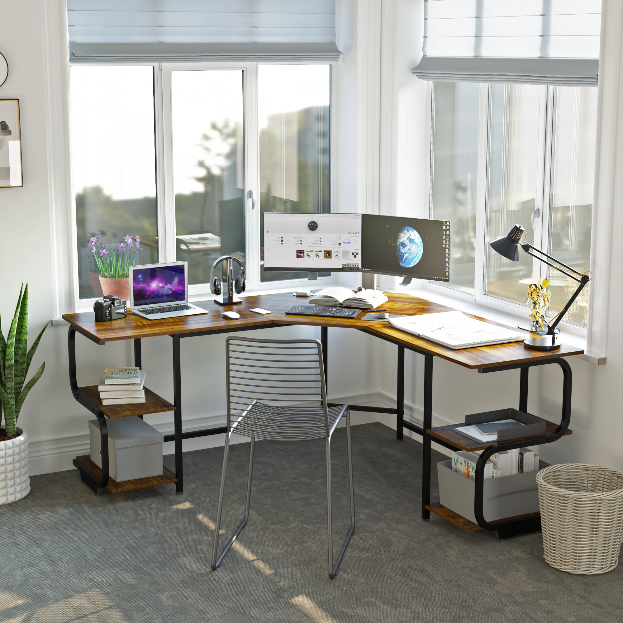 Computer Office Desk Corner Table PC Study Workstation Home Dorm w/ Bookshelves 