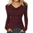 thumbnail image 2 of Women's Slim Fit Cowl Neck Sweater, Ribbed Knit Ruched Top, Long Sleeve Casual Shirt, Solid Color Basic Top, Everyday Wear Tops, Draped Cowl Neck Sweater Wine L, 2 of 8
