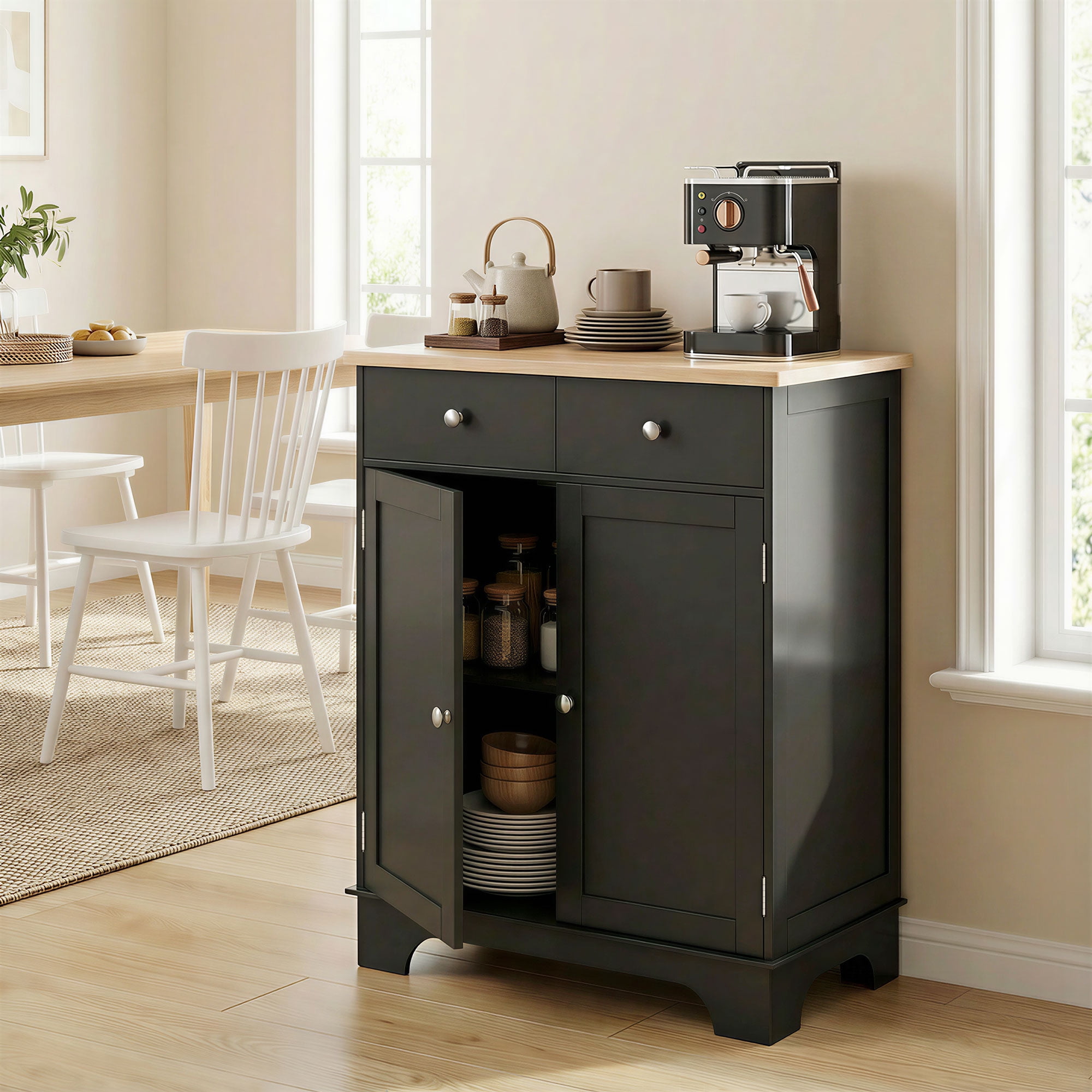 HOQBN Storage Sideboard Cabinet with Solid Wood Top, Adjustable Shelf and 2 Drawers, Multipurpose Buffet Furniture for Kitchen, Dining Room and Living Room, Black