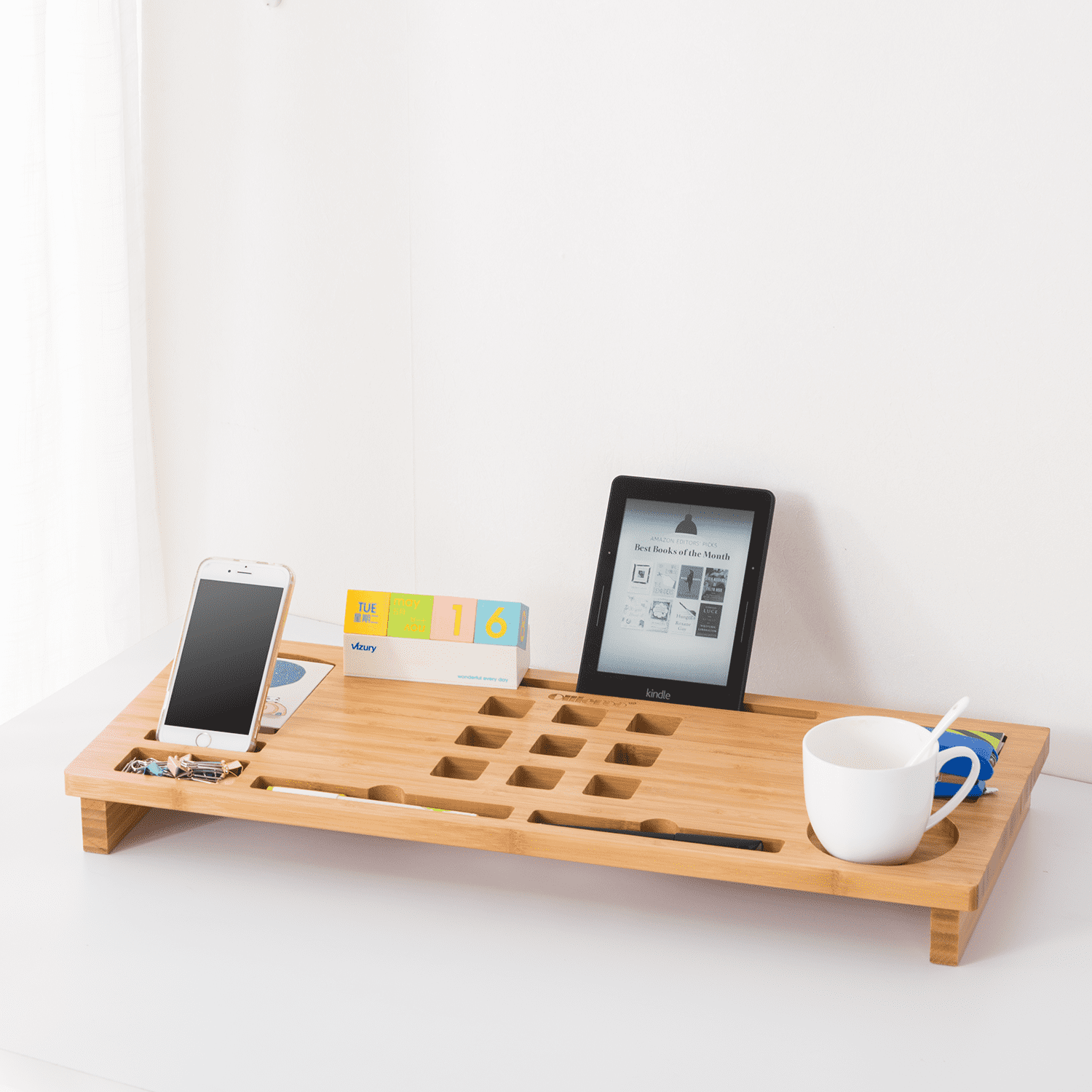 Storage Monitor Stand Computer Riser,Monitor Natural with Air Design and Vents Bamboo Organizer Desk Allieroo