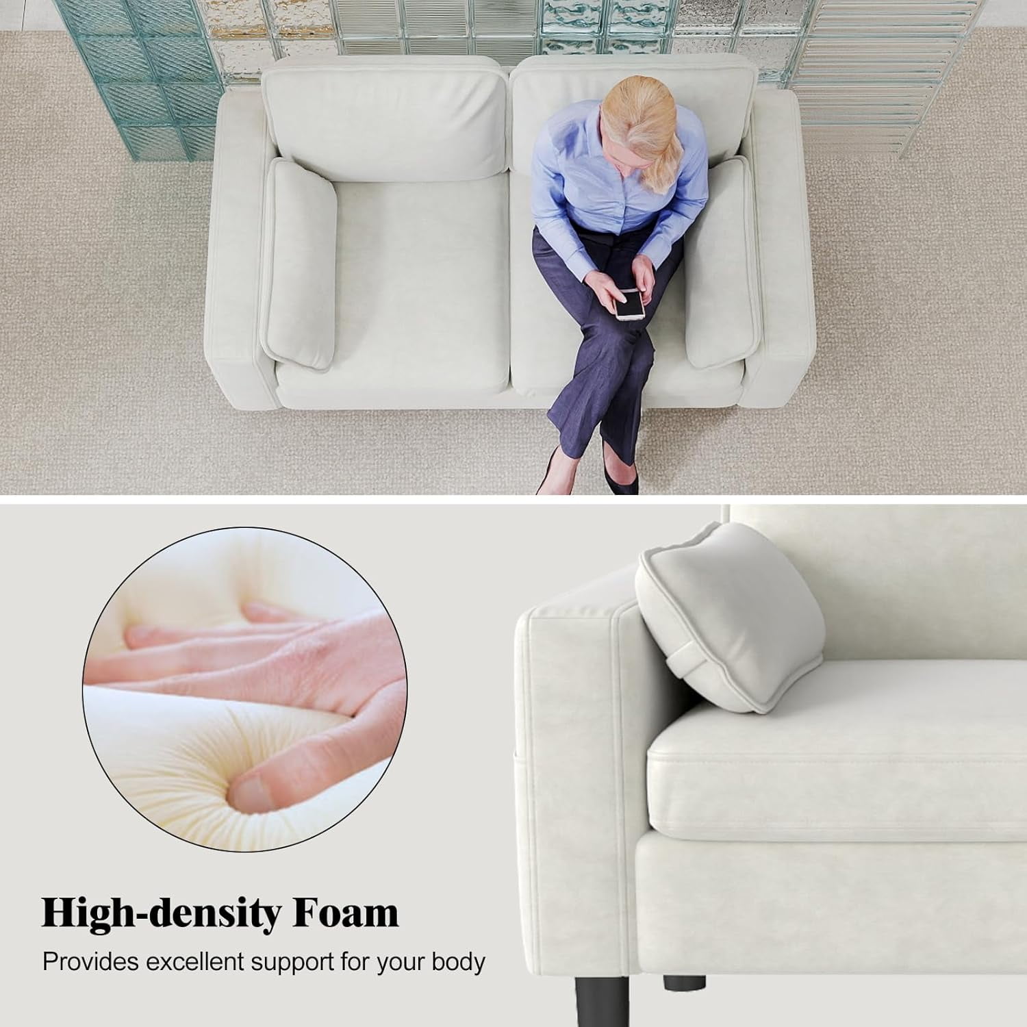 Kinbor Multi-Functional Loveseat Sofa Chair, Modern Accent Chairs Oversized Armchair Comfy Living Room Chair with Cushions & Side Pocket, Beige