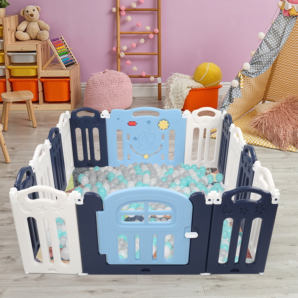 Kepooman 14 Panel Moon Baby Playpen Foldable Kids Activity Centre Safety Play Yard Home Indoor Outdoor Baby Fence Play Pen NO Gaps with Gate for Baby