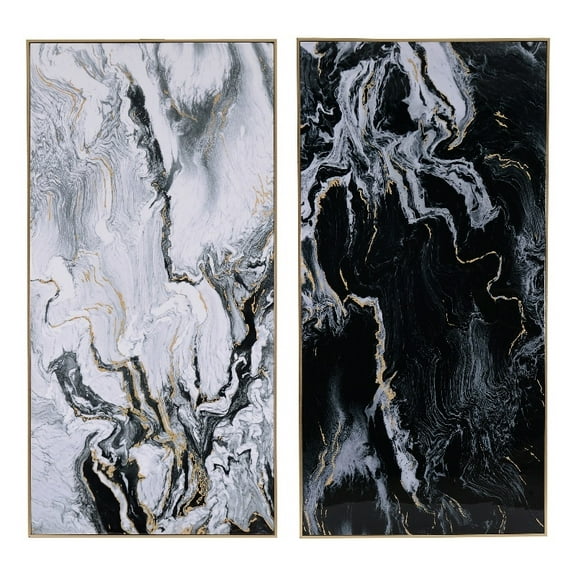 Benzara Wood Painting with Marbled Print in Multi-Color/Gold (Set of 2)
