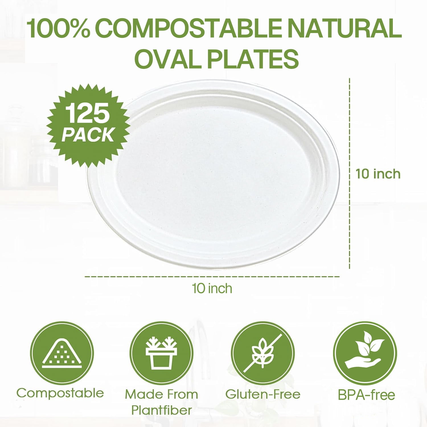 BN-LINK 125 Pack Disposable Paper Plates, 10’’ 100% Compostable Heavy Duty Plates, Eco-Friendly Biodegradable Sugarcane Fibers, for Parties, Picnics, BBQs, White