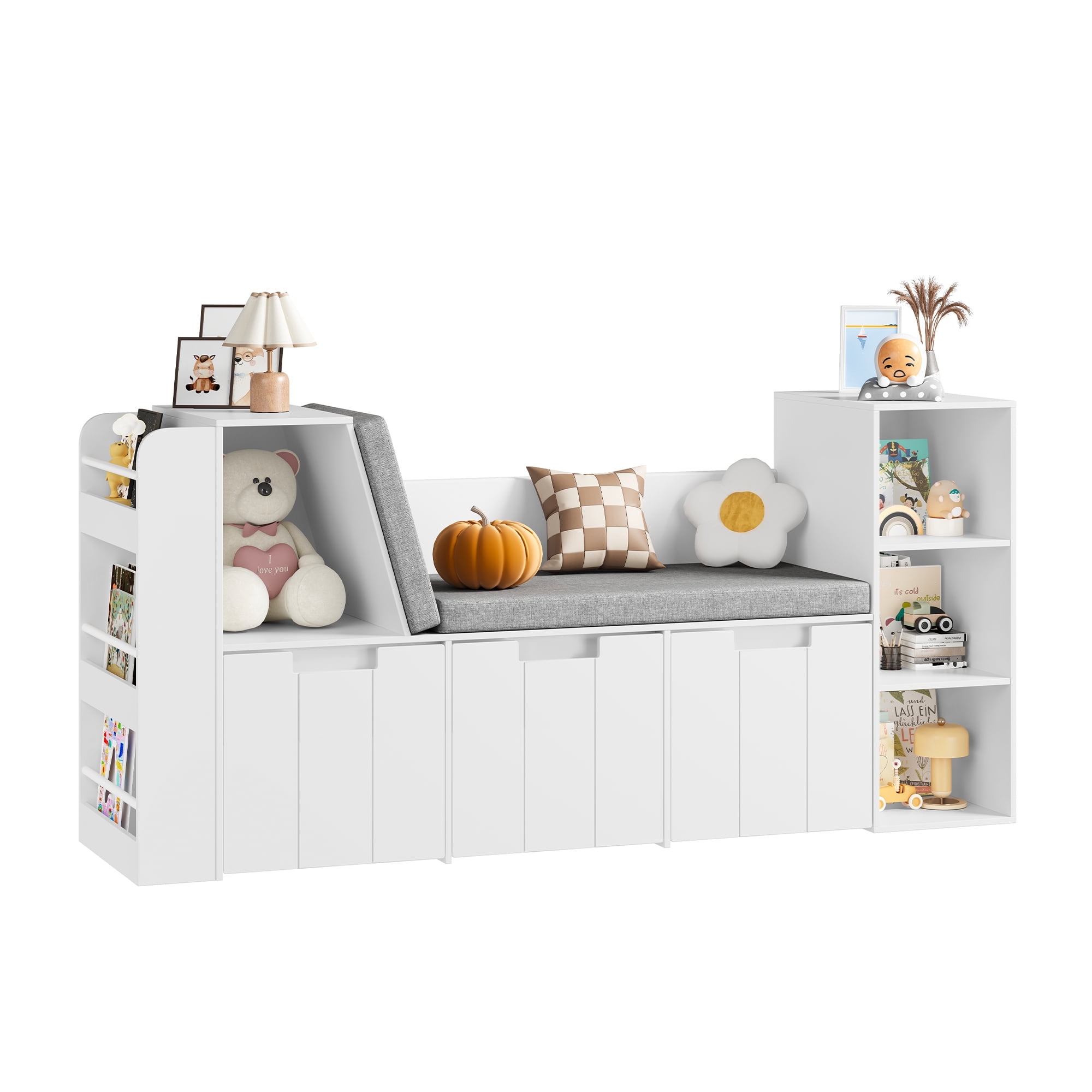 Homfa 4-in-1 Kids Toy Storage Cabinet, Bookshelf with 3 Drawers, Sturdy Toy Organizer with Reading Nook for Kids Room Playroom, White