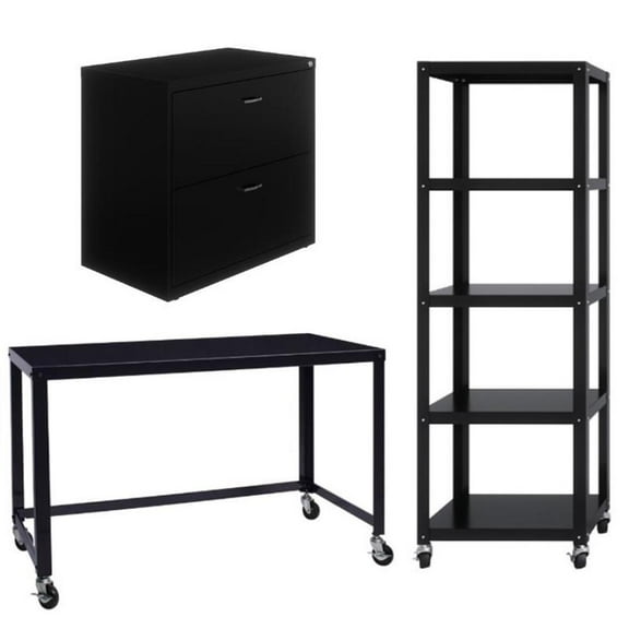 Home Square 3-Piece Set with Mobile Desk & File Cabinet & 5-Shelf Bookcase Black