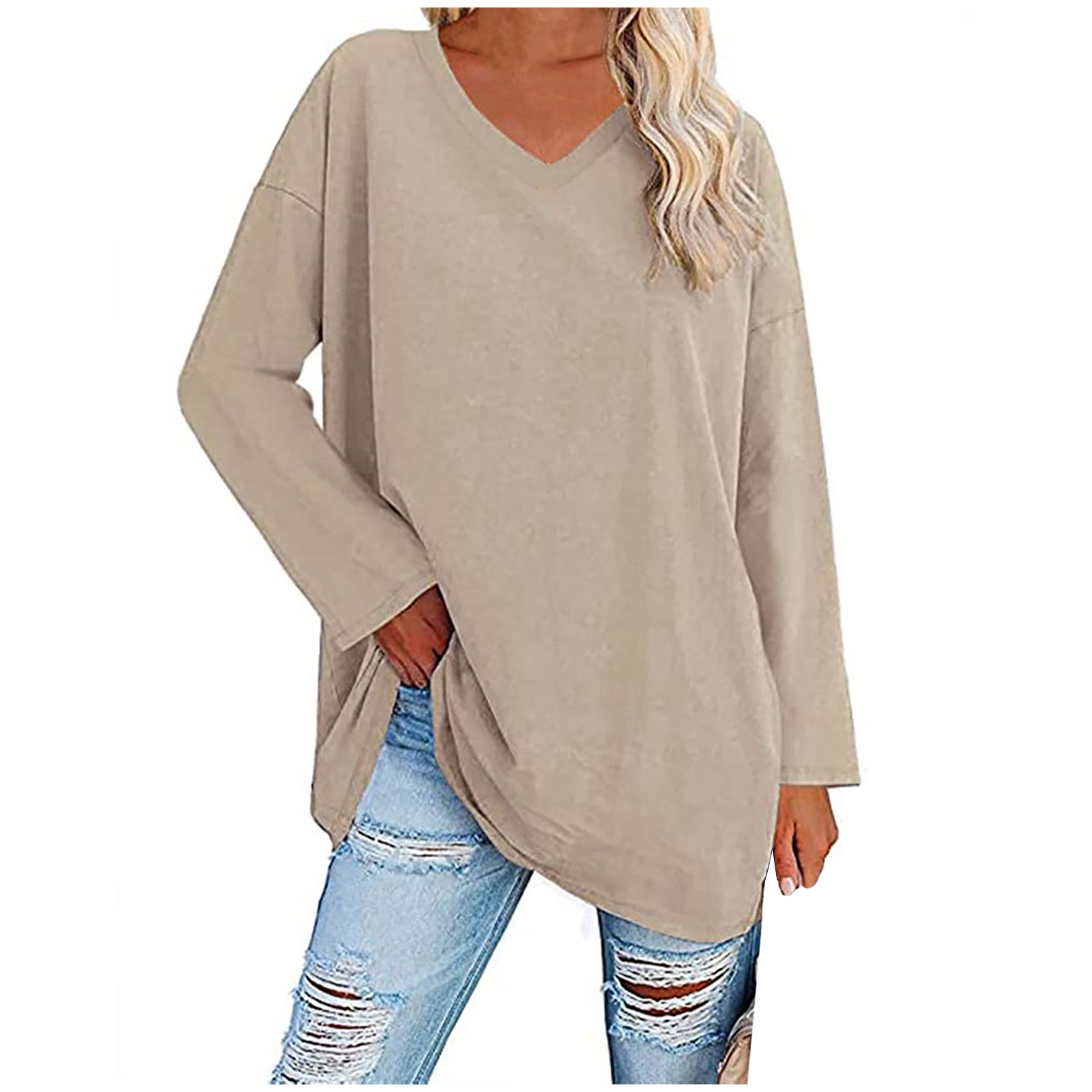 Chemisier pour Femme Décontracté Uni à Manches Longues Col Rond T-shirt Confortable Léger Respirant Hauts de Sortie (XX-Grand, Kaki)