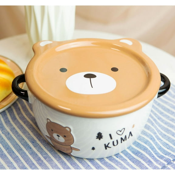 Pack Of 2 Brown Kuma Bear Porcelain Kids Food Bowls 25Oz W/ Condiment Lid Plate