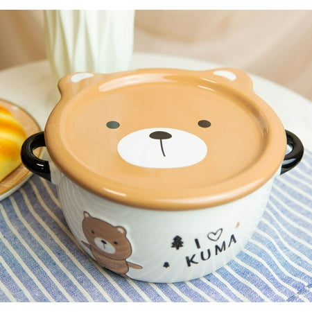 

Pack Of 2 Brown Kuma Bear Porcelain Kids Food Bowls 25Oz W/ Condiment Lid Plate