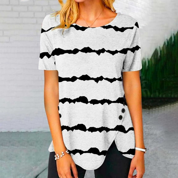Njoeus Womens Tops, Oversized Tshirts for Women women's Short Sleeve Scoop Neck Tunic Tops Casual Button Side T Shirts Summer Loose Fitting Dressy Blouse S-XXL