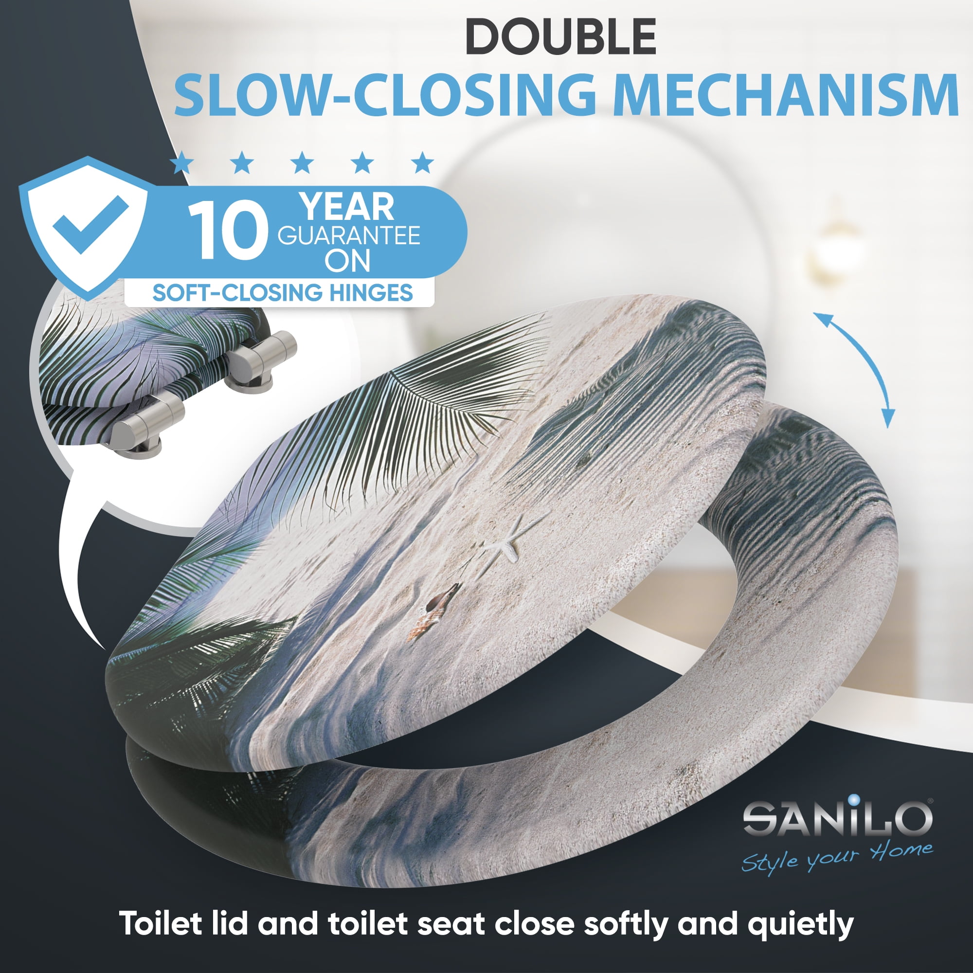 Sanilo Soft Close Toilet Seat ROUND, Quiet and Slow Close Lid and Seat, Strong Bumpers and Hinges, Beach