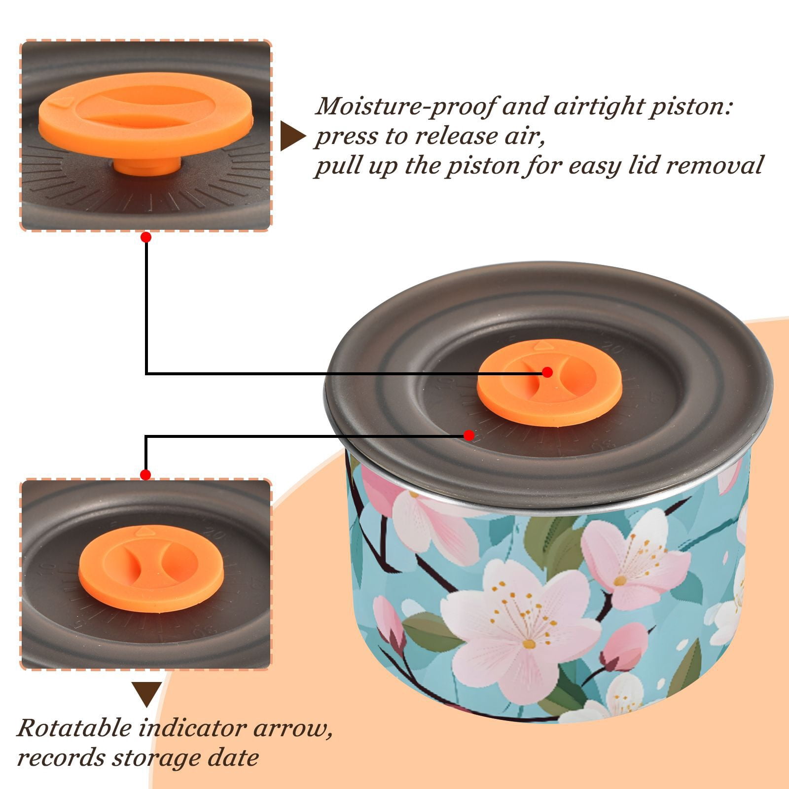 Cherry Blossom Pattern Airtight Coffee Bean Canister 30oz Food Storage Containers with Lids For Gournd, Tea, Sugar, Flour, Rice, Cereal, Candy Cookie Jar