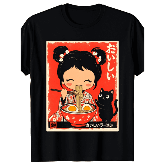 Cute Japanese Ramen Girl With Black Cat Graphic T‑Shirt, Retro Vintage Art Crewneck Short Sleeve Tee