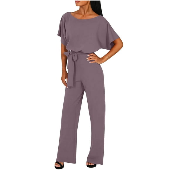 Dazajoo Jumpers for Women Dressy Solid Short Sleeve Crew Neck Jumpsuits with Belt Wide Leg Long Rompers,Purple,XL