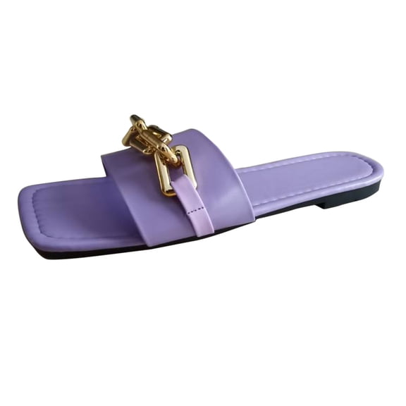 TUOBARR Flat Sandals Women, Women's Slides Square Open Toe Flat Chain Slip On Shoes, Comfortable Dressy Casual Daily Beach Slippers Purple