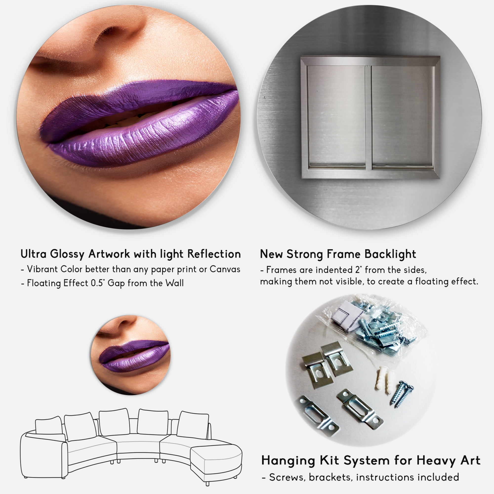 Designart 'Close Up View of Girl Lips With Purple Lipstick' Modern Circle Metal Wall Art 23x23 - Disc of 23