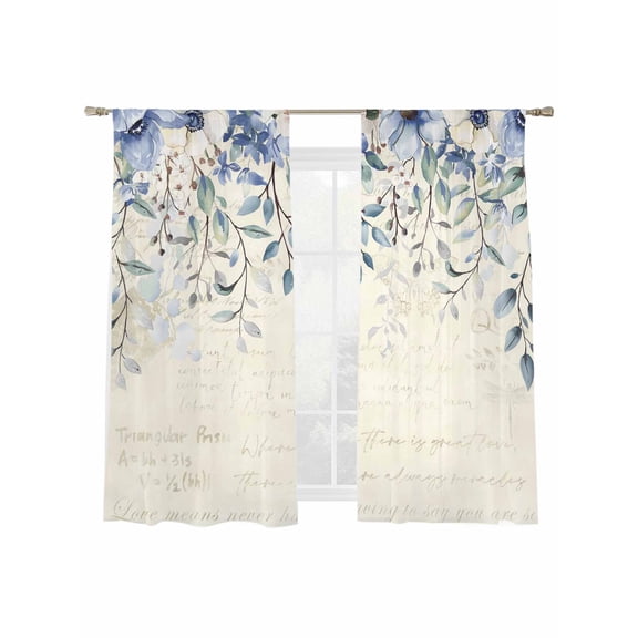 Eucalyptus Flowers Sheer Curtains 72 Inch Length 2 Panels Set, Semi Transparent Voile Rod Pocket Curtains for Living Dining Room Bedroom Drapes Watercolor Botanical Floral Leaves