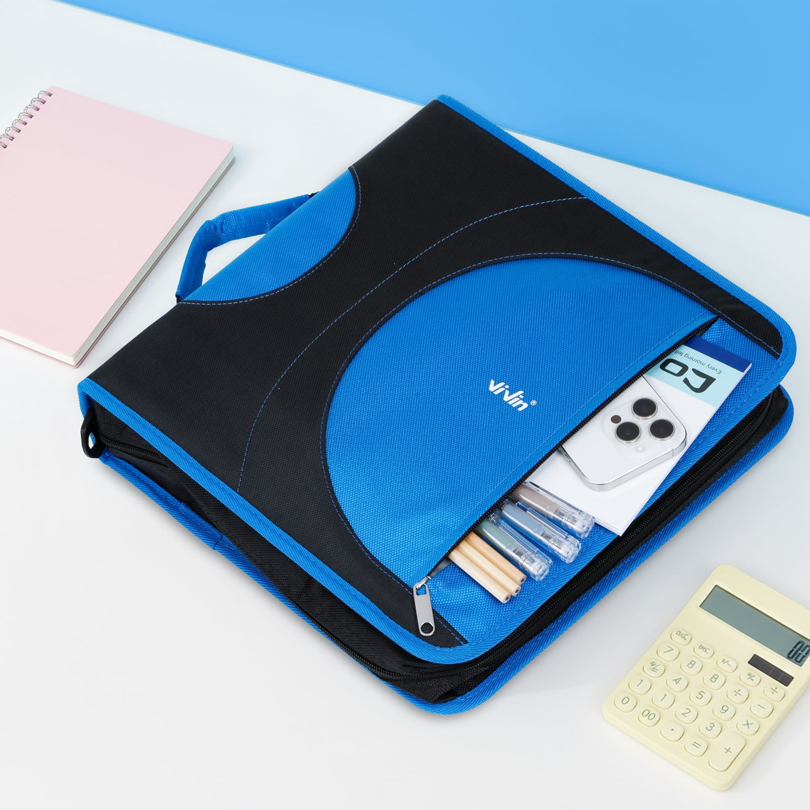 ViVin Zipper Binder 2 Inch O-Ring 450 Sheet Capacity, Multiple Tab and Zip Pockets, Office Supplies,Blue