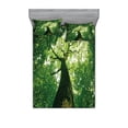 thumbnail image 1 of Forest Bedding Set with Sheet & Covers, Tall Old Tree View Sun Rays Top Branches Leaves Nature Picture, Printed Bedroom Decor 2 Shams, 4 Sizes, Green Pale Green Brown, by Ambesonne, 1 of 3