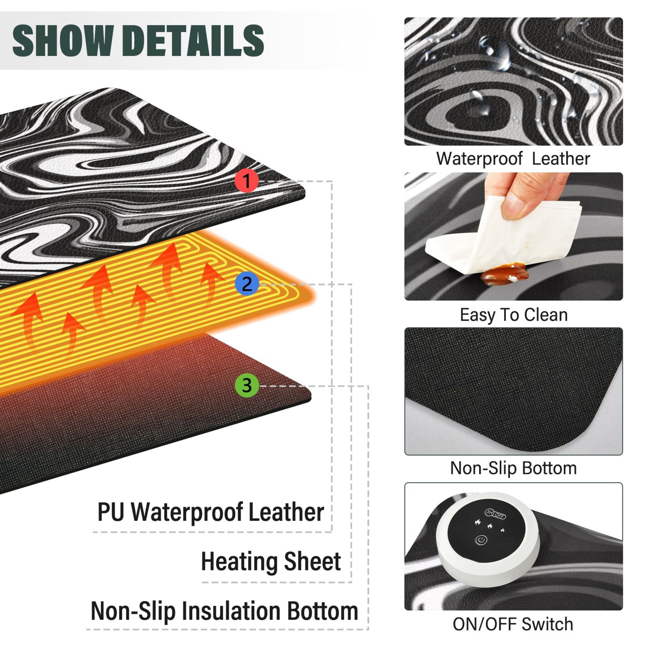 Large Heated Desk Mat Mouse Pad 31.5"x13"PU Leather Graphene Heating Desk Warmer with 3 Temperature Settings 110V US Plug Non-Slip Warm Pad for Home, Office, and Gaming Matte Black Flowing Lines