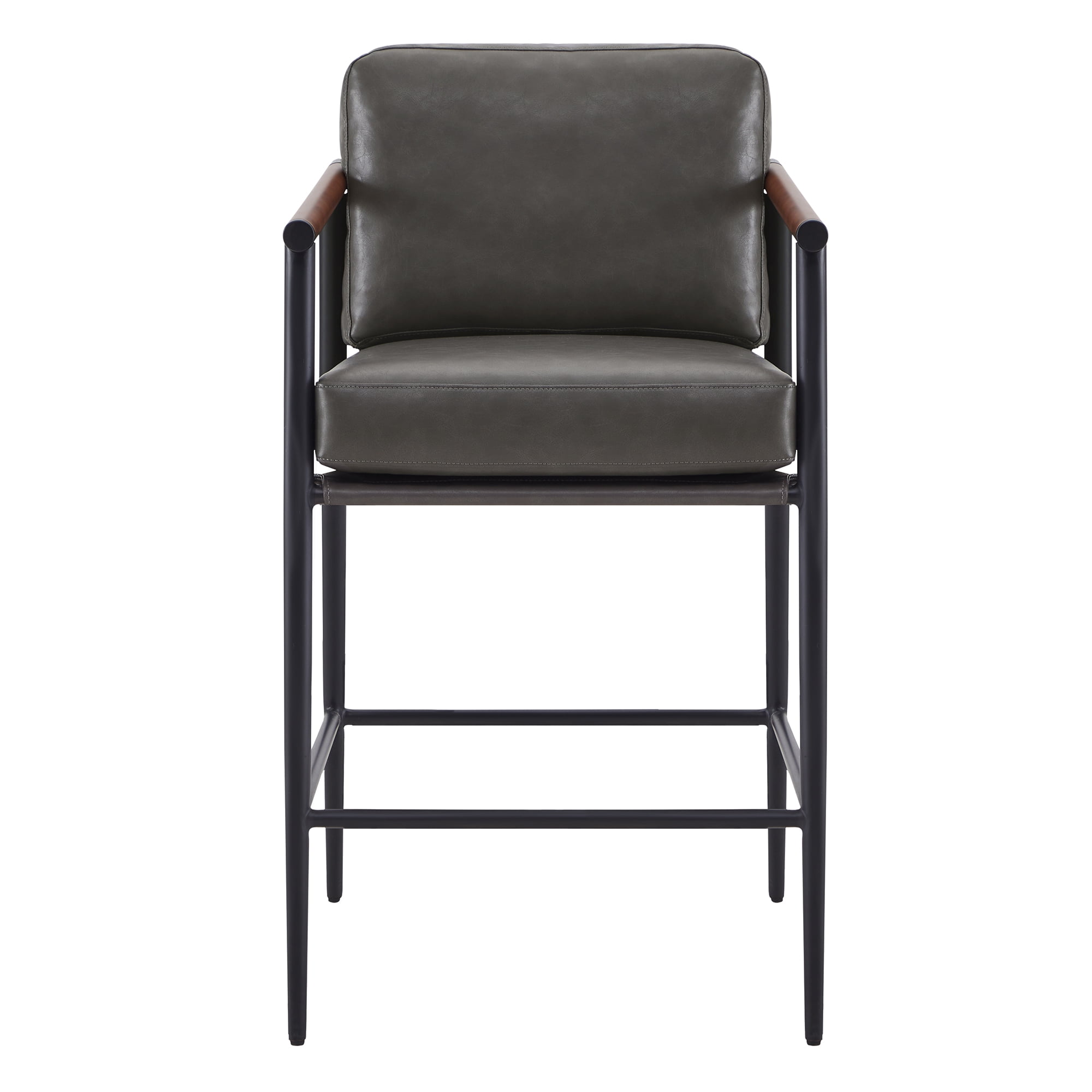 CHITA Modern Counter Stools Set of 2, Upholstered Bar Stools with Metal Frame and Wooden Armrests, Faux Leather in Retro Gray