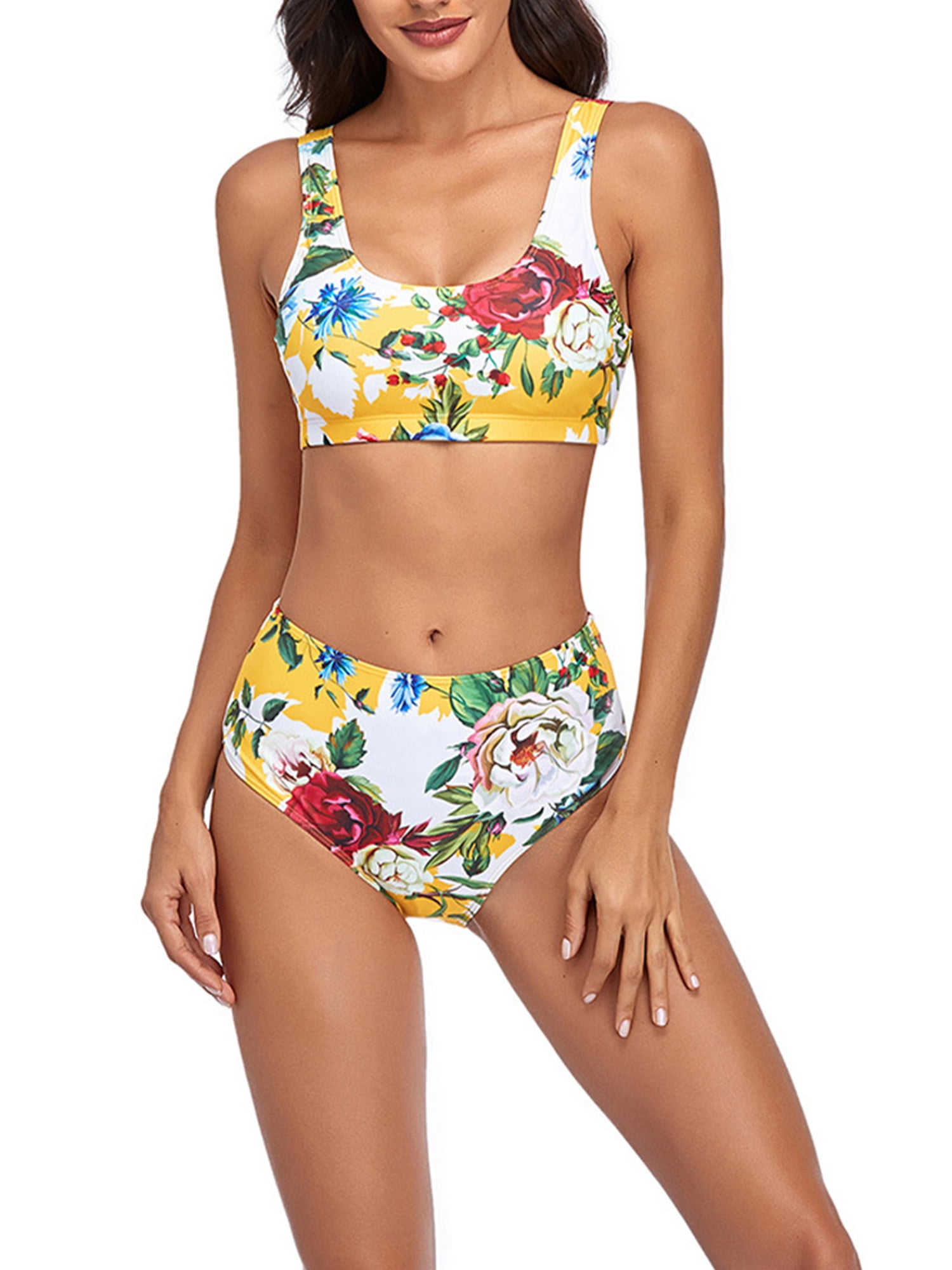 Sexy Dance Floral Women Swimwear Swimsuits, Two Piece Bikini Set High Waisted Tummy Control