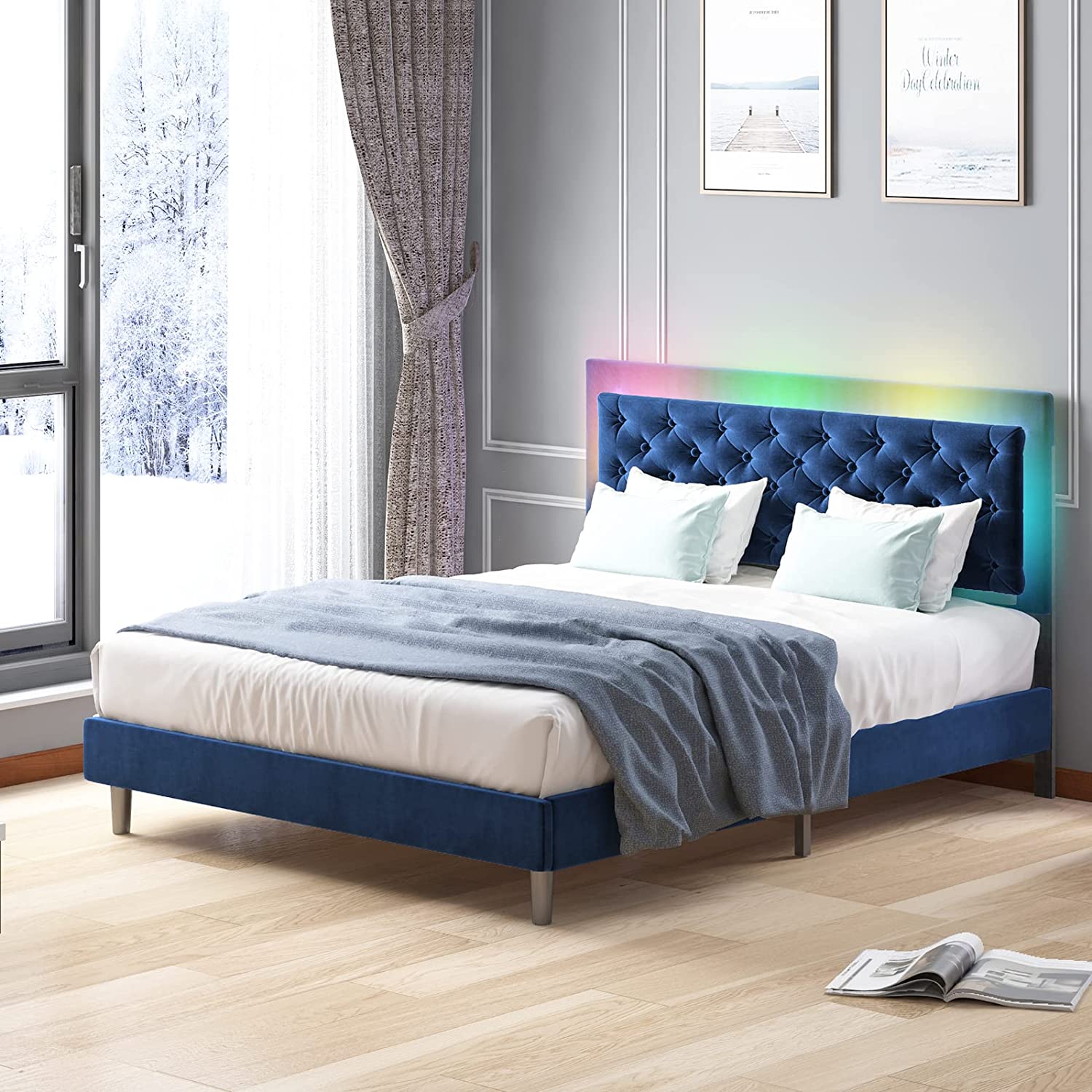 Mjkone King Bed Frames with LED Headboard, Upholstered King Size Bed