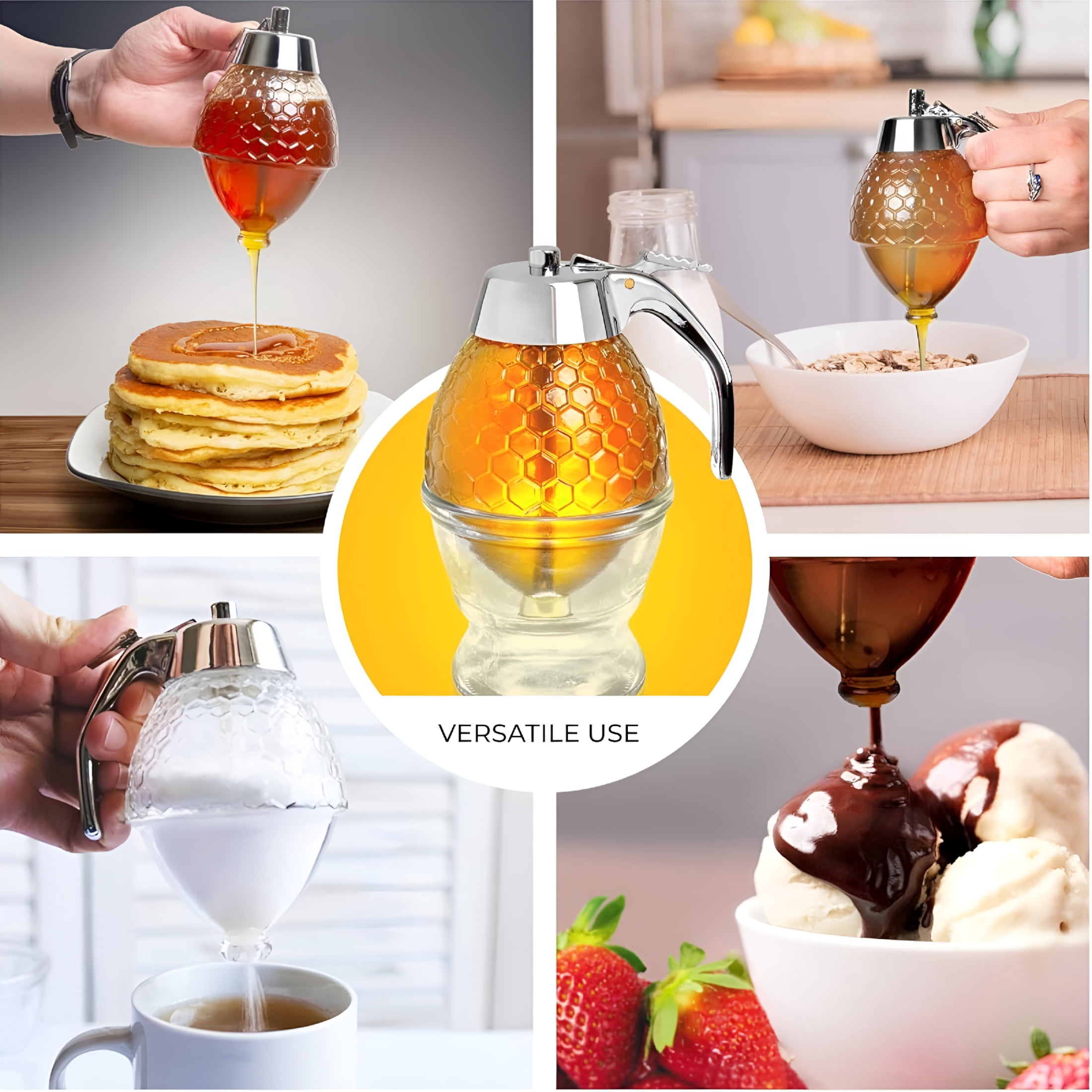 BPPEG 8Oz No Drip Glass Honey Dispenser with Plastic Top Honeycomb-Style Syrup Server and Bee-Themed Storage Jar with Stand 6"