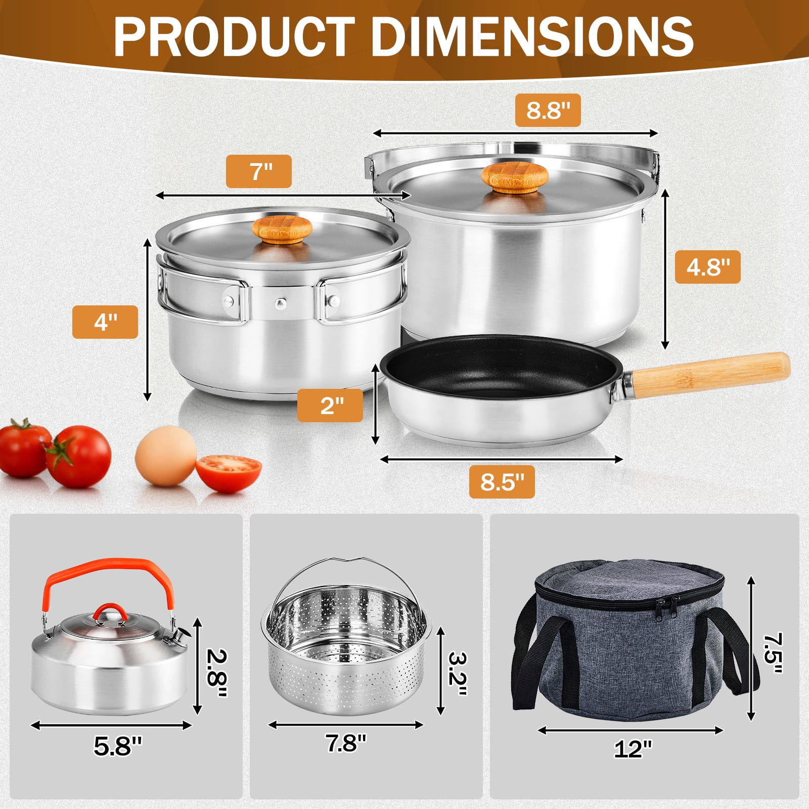 Zimtown Camping Cookware,Camping Pot Set for Outdoor Backpacking Camping,Outdoor Kitchen, Picnic,Hiking and Fishing,Stainless Steel