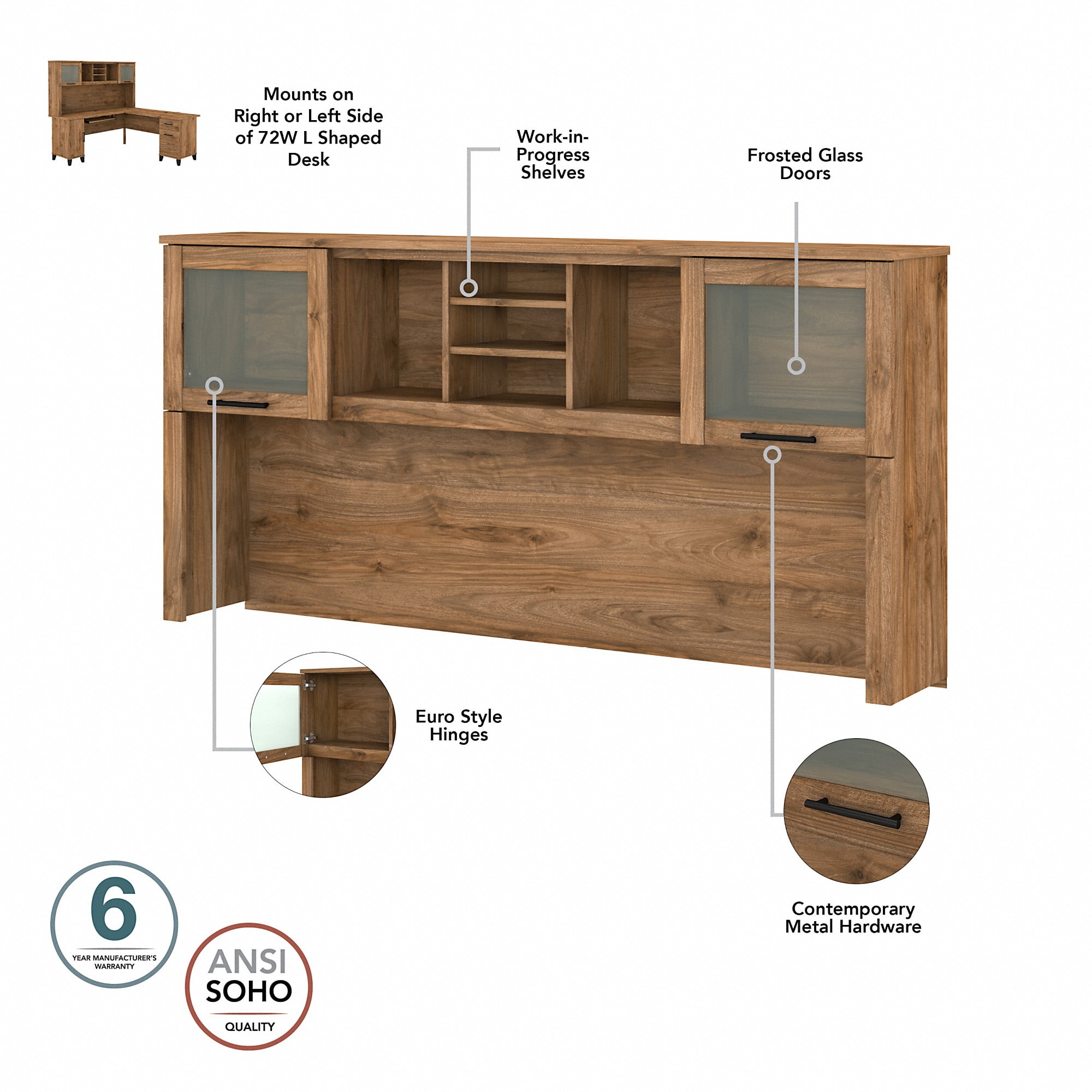 Bush Furniture Somerset 72" L Desk and Hutch with Storage, Fresh Walnut