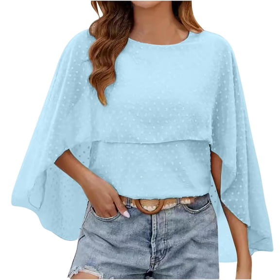 Women Blouse Clearance MIUOWANP Women's Fashion Solid Color Long Sleeve Round -Neck Shawl Personality Chiffon Shirt Blouse Casual Tops XXL Sky Blue