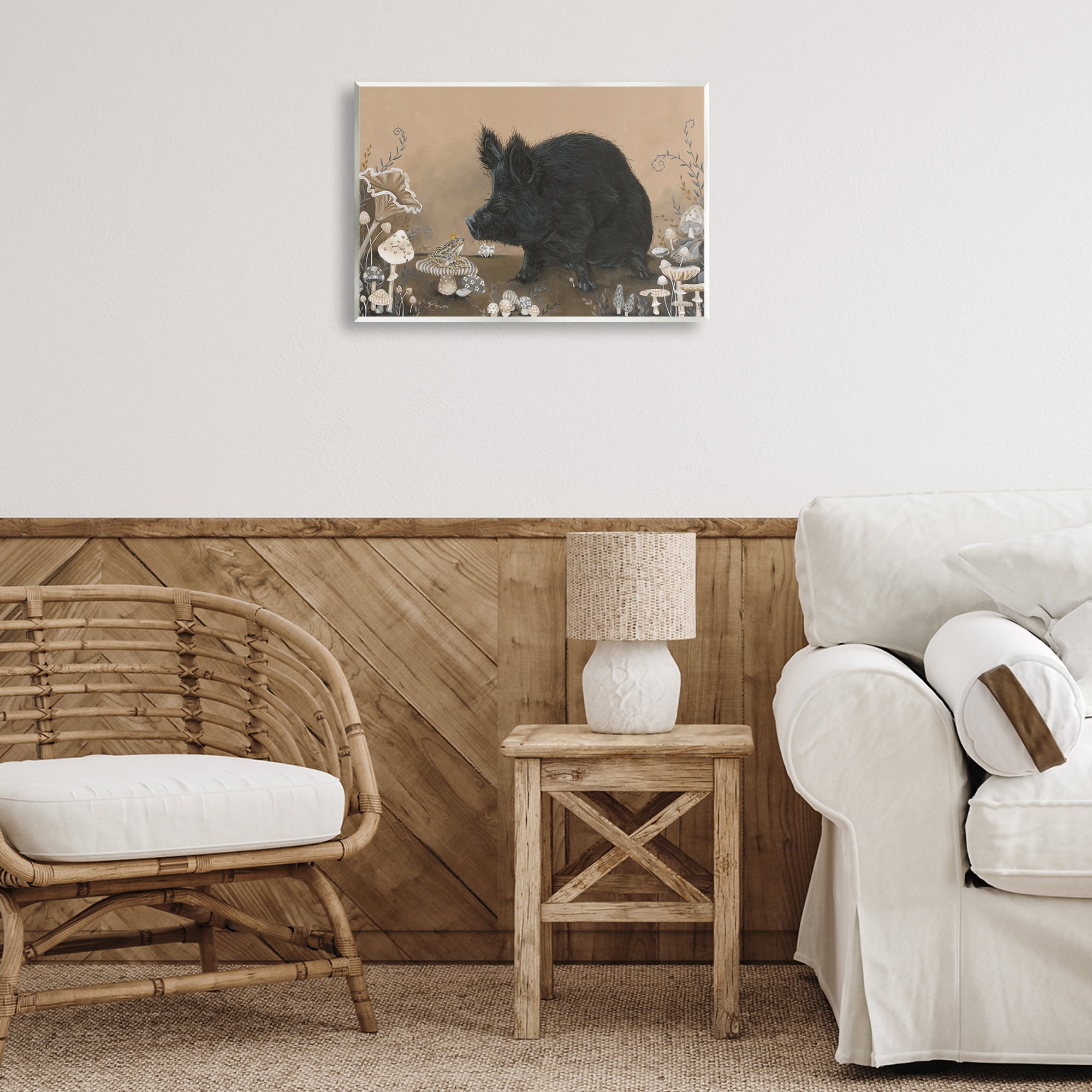 Stupell Industries Hog & Frog with Mushrooms Animals & Insects Painting Unframed Art Print Wall Art, 19 x 13