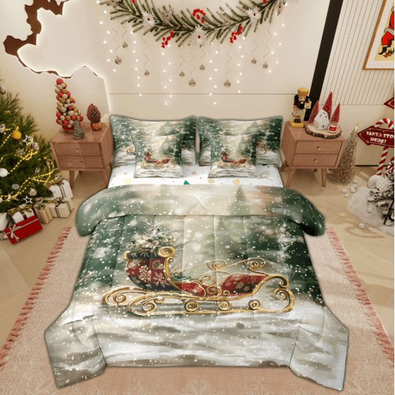 Feelyou Vintage Xmas Carriage Twin Bedding Sets 7-Piece, Winter Jungle Tree Snow Bedding Comforter Set, Christmas Festival Reversible Sheet Sets, Ultra Soft Home Decor