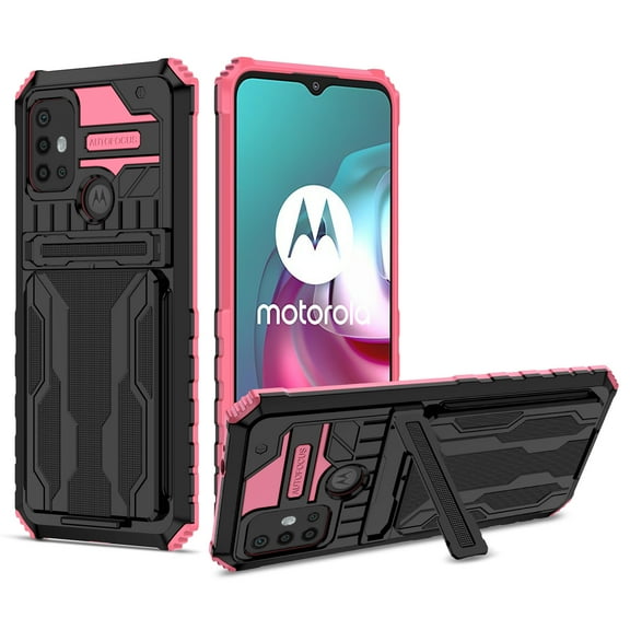 for Motorola Moto G30 6.5 inch Wallet Case, with Credit Card Holder Stand Kickstand Slim Rugged Shockproof Heavy Duty Defender Armor Military Grade Protective Phone Case - Pink