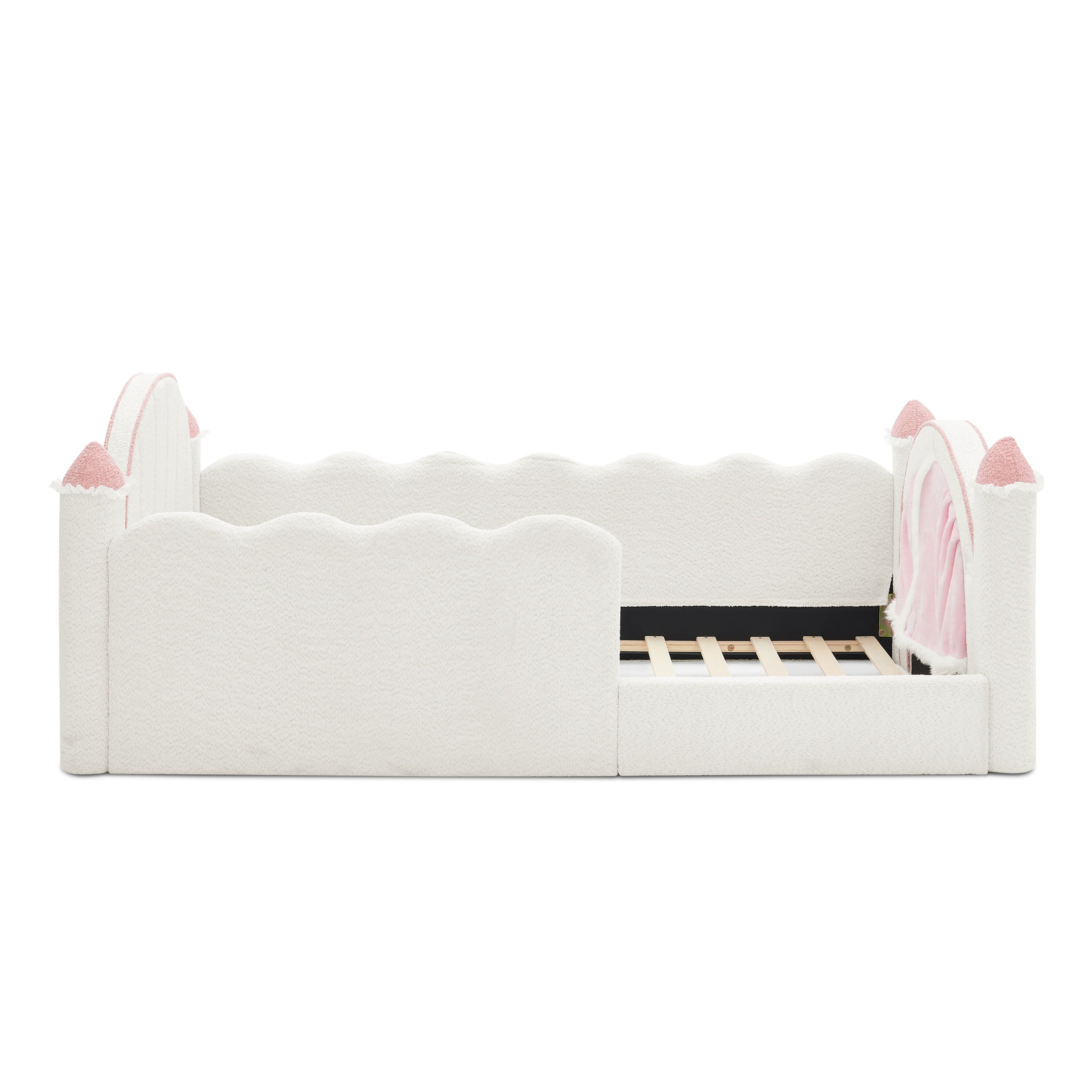 Twin Size Castle-Shaped Kids Floor Bed with Safety Guardrail, Low Profile Upholstered Platform Bed Frame with Small Curtain