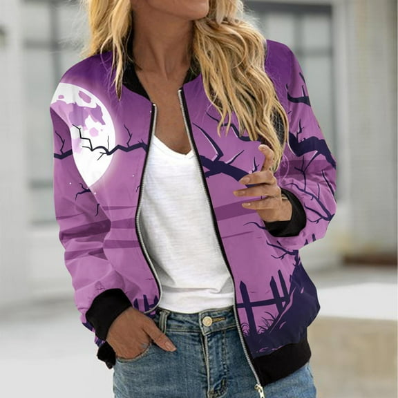 WXLWZYWL Womens Halloween Bomber Jacket Funny Spooky Ladies Coat Ghost Floral Graphic Cardigan Zip Up Long Sleeve Dressy Tops Moto Biker Windbreaker