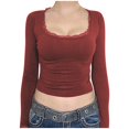 thumbnail image 1 of Camiseta corta de manga larga con botones y cuello de encaje para mujer - Color liso, dos bolsillos, informal/trabajo/fiesta, 1 of 7