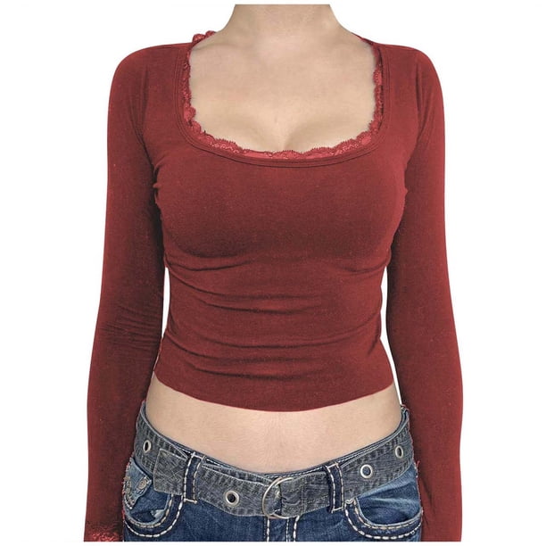 Camiseta corta de manga larga con botones y cuello de encaje para mujer - Color liso, dos bolsillos, informal/trabajo/fiesta