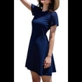 thumbnail image 3 of Vestido Camisero de Verano para Mujer, de Corta con Encaje, Informal, Cuello Redondo, Plisado, Azul XL, 3 of 7