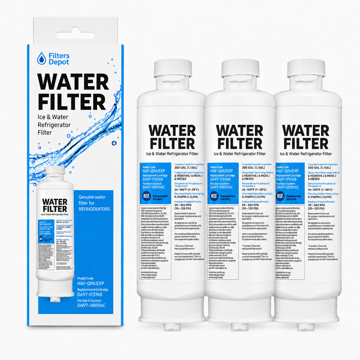 Water Filter for Samsung HAF-Qin/EXP, DA97-17376B, DA97-08006C, RF28R7201SR, RF28R7351SG, RS27T5200SR (3-Pack)