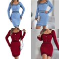 thumbnail image 2 of Women's Square Neck Slim Fit Mini Sweater Dresses Casual Puff Long Sleeve Knitted Bodycon Pullover Sweater Dresses light blue XL, 2 of 4