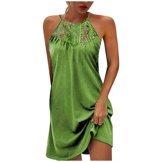 Jusqu'à -50%! Aqestyerly Femmes Été Dentelle Sans Manches Col Rond Licol Solide Robes Robe Mince