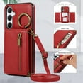 thumbnail image 3 of Crossbody Wallet Case for Samsung Galaxy S23 FE, with Shoulder Strap Card Slots Ring Holder, Magnetic Flip Folio Zipper Purse Case, PU Leather Kickstand Cover Handbag for Galaxy S23 FE, Red, 3 of 10