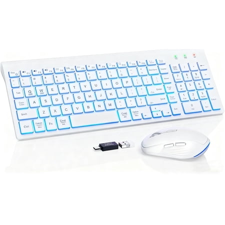 Wireless Keyboard and Mouse Combo - Quiet Backlit Keyboard with RGB Mouse, Rechargeable, Slim, Sleep Mode for Windows, Mac, Laptop -White-Wagpak