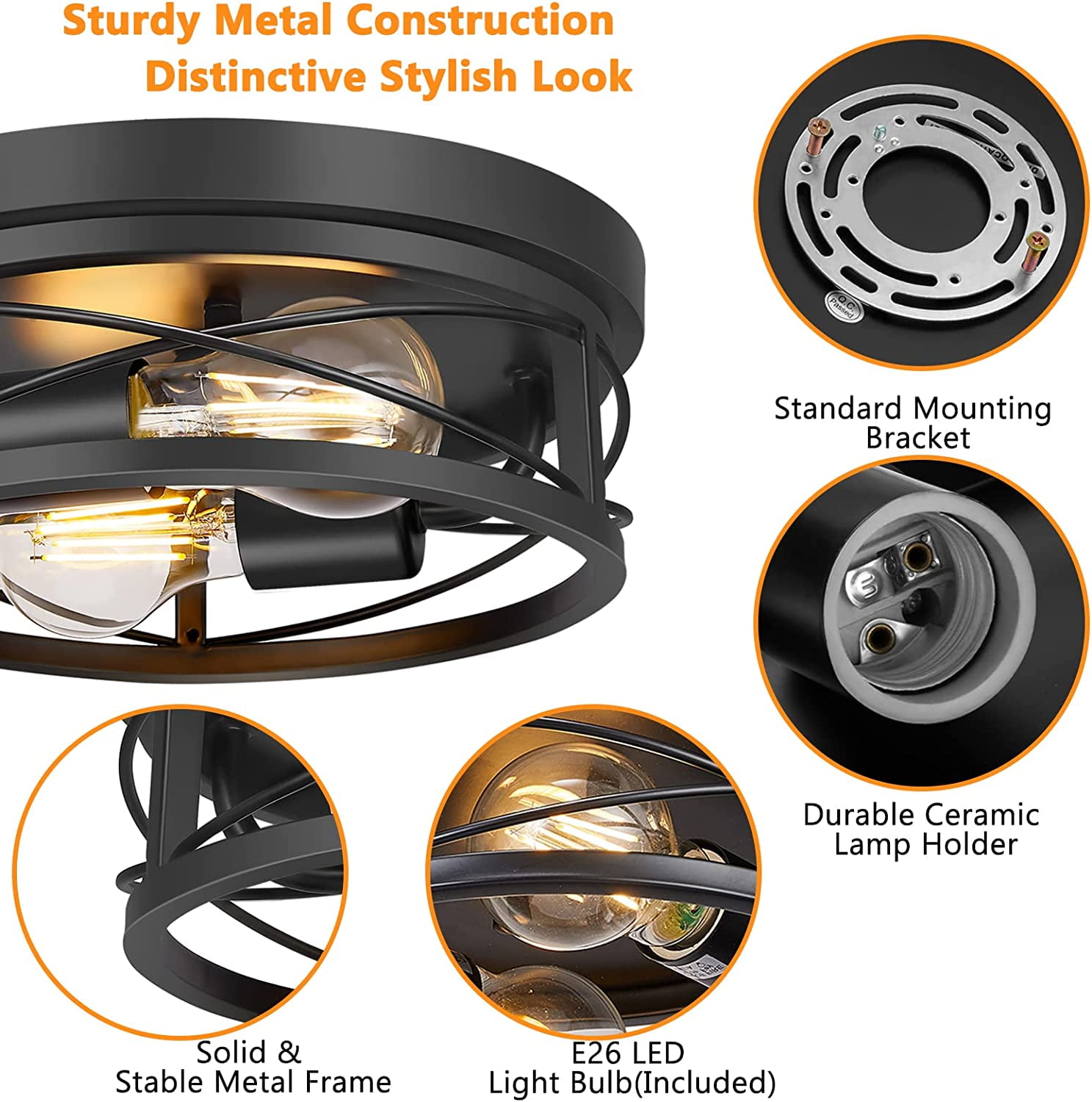 Pynsseu Farmhouse Flush Mount Ceiling Light, Oil Rubbed Black, Set of 2 with A19 LED Bulbs for Hallway, Bedroom