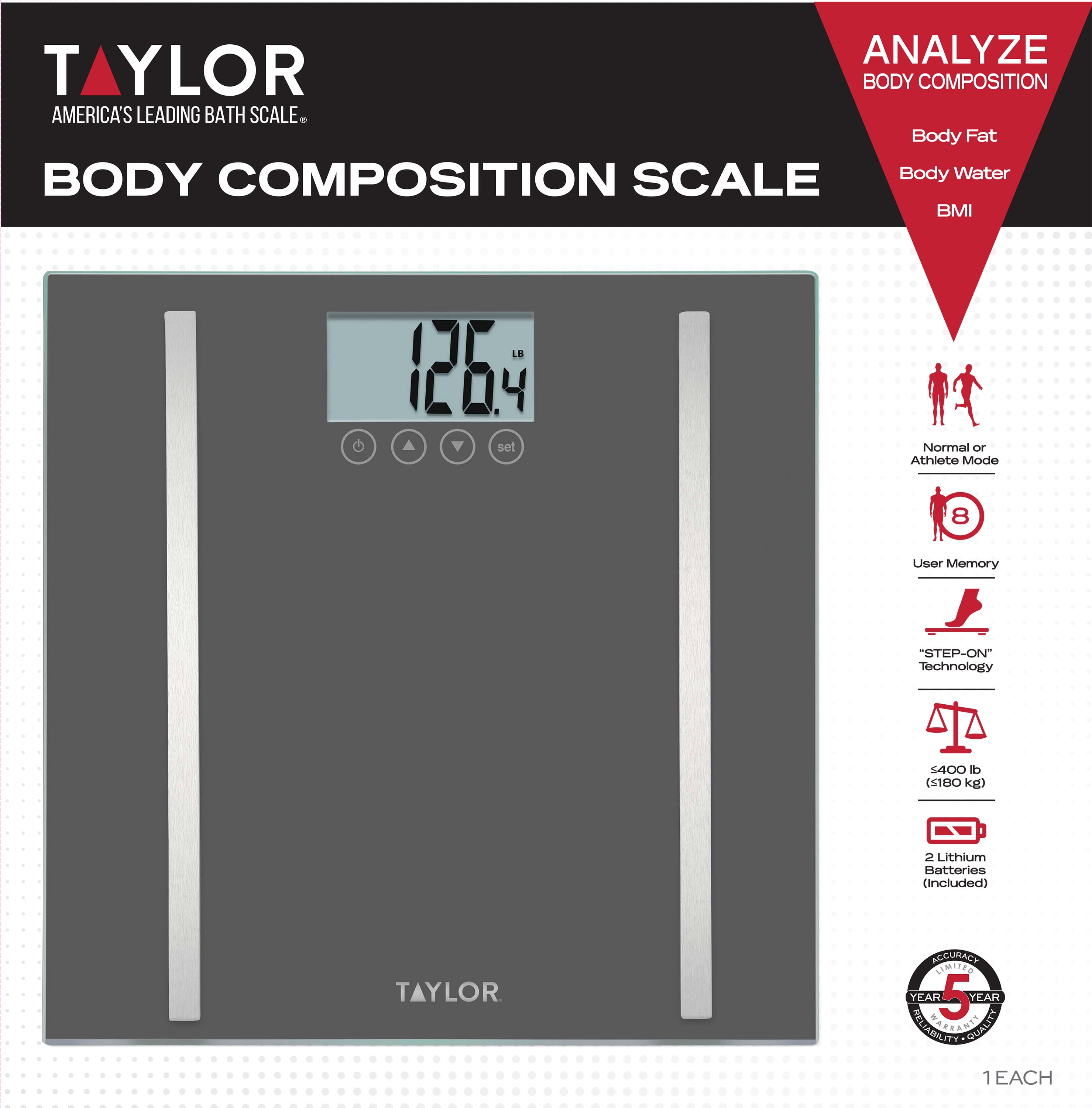 Body Composition Scale with Body Fat, Body Water and Muscle Mass + BMI –  Taylor USA