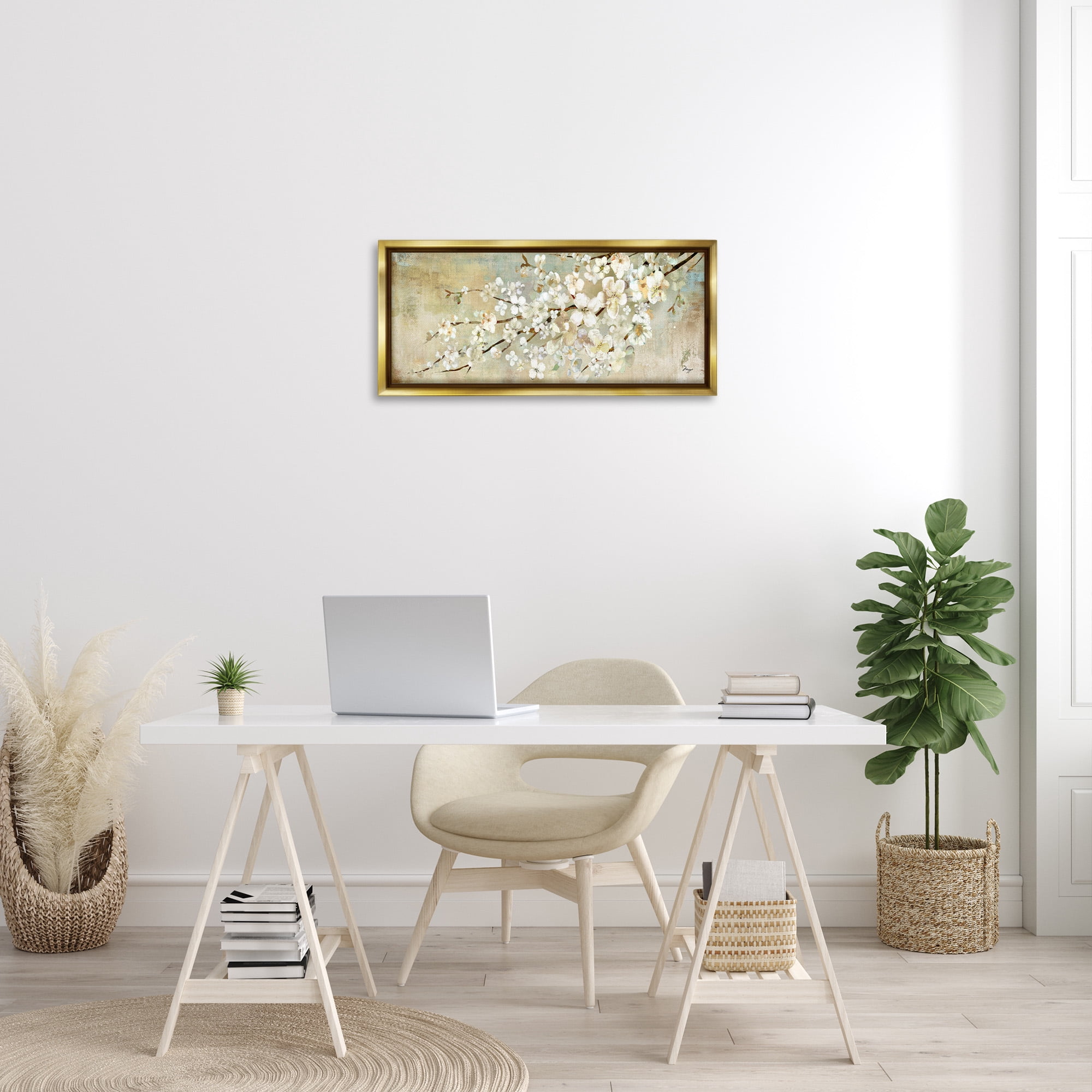 Stupell Industries Blooming Flower Tree Branch Painting Botanical & Floral Painting Gold Floater Framed Canvas Art Print Wall Art, 31 x 14