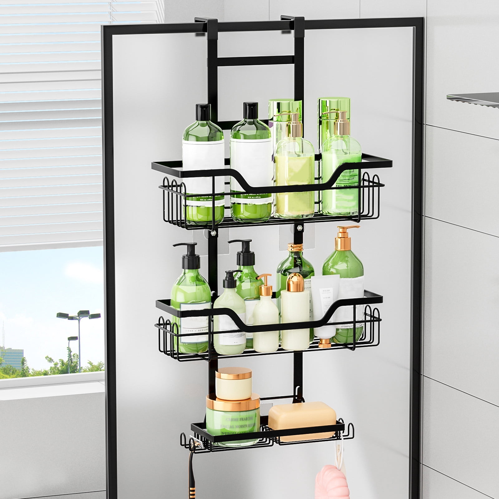 Bxaolu Over The Door Shower Caddy - 3 Tier Shower Shelves Hanging with Soap Holders, Shower Organizer with 4 Hooks, Bathroom Rack and Storage, Black